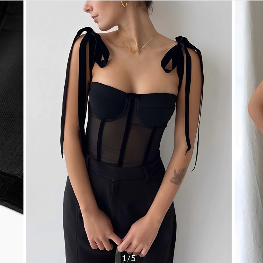 Commense M Tied Mesh Corset Crop Top with velvet bow straps NWT